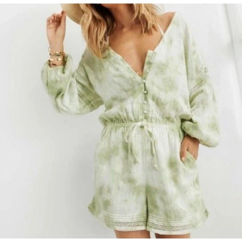 💥 5 for $25 Sale Aerie Tie Dye Romper XS Green Long Sleeve Button Front Boho
